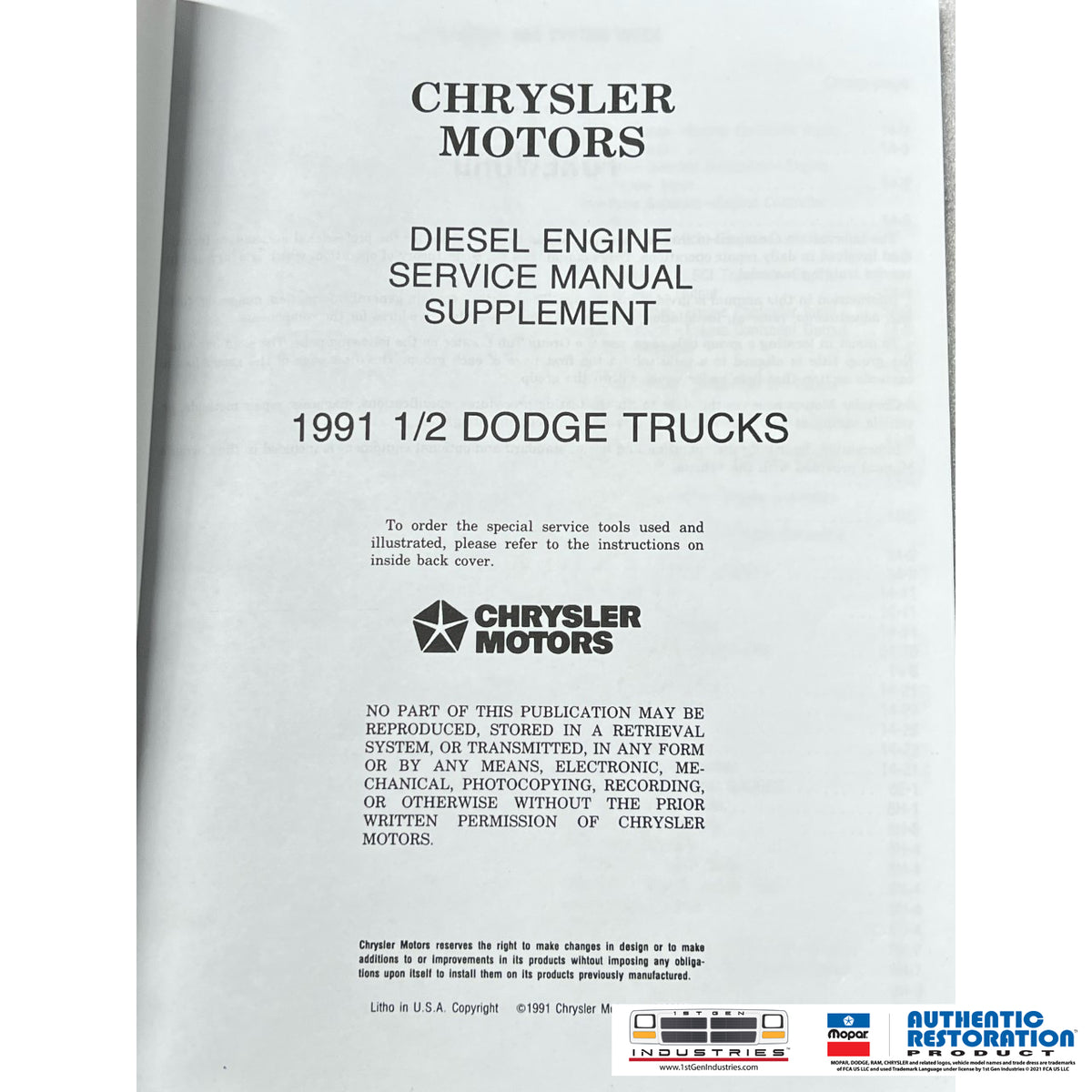 Mopar 1991.5 Intercooled Cummins Diesel Supplement Service Manual